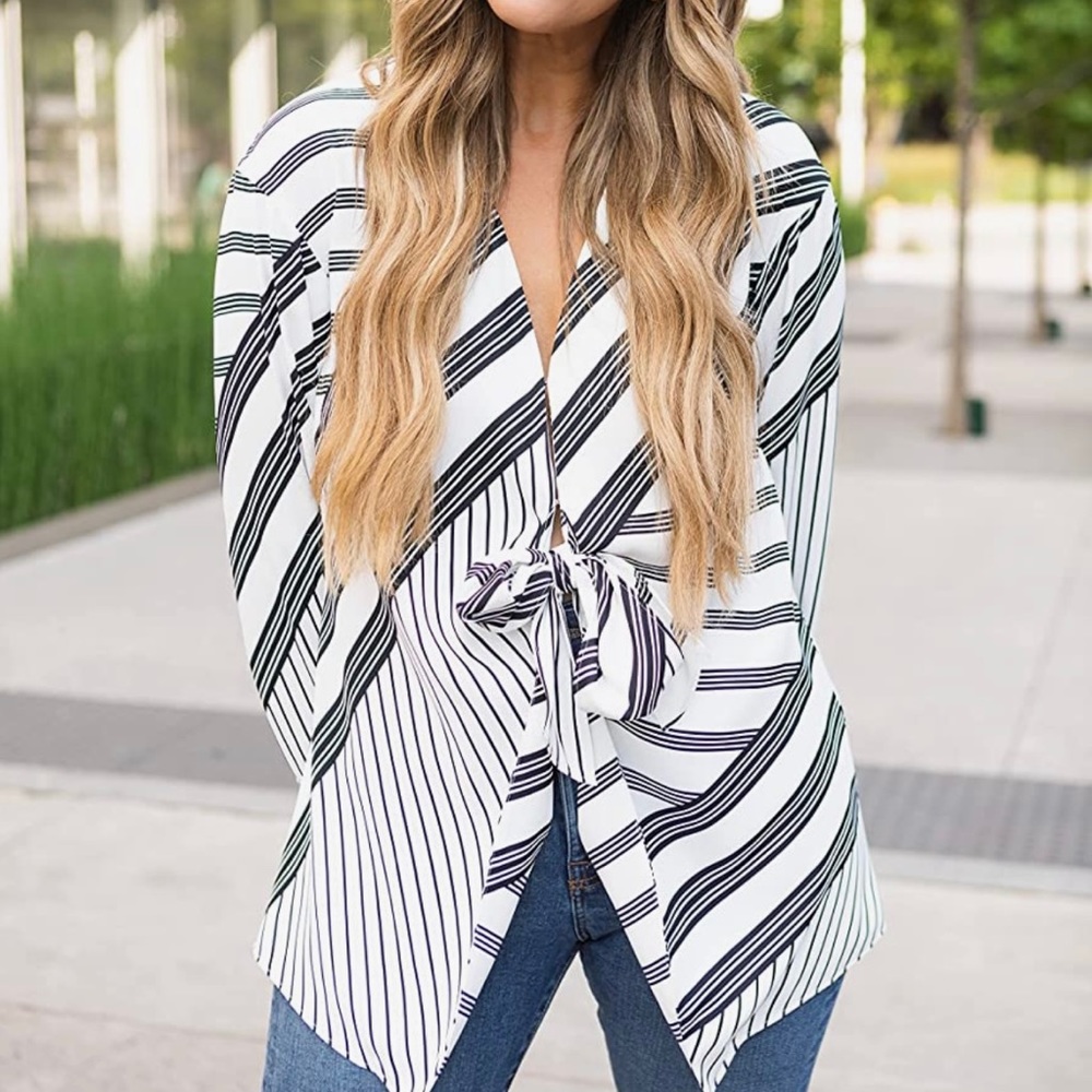 The Drop Women's Black/White Stripe Print Full Front Knotted Tunic by @kerrently